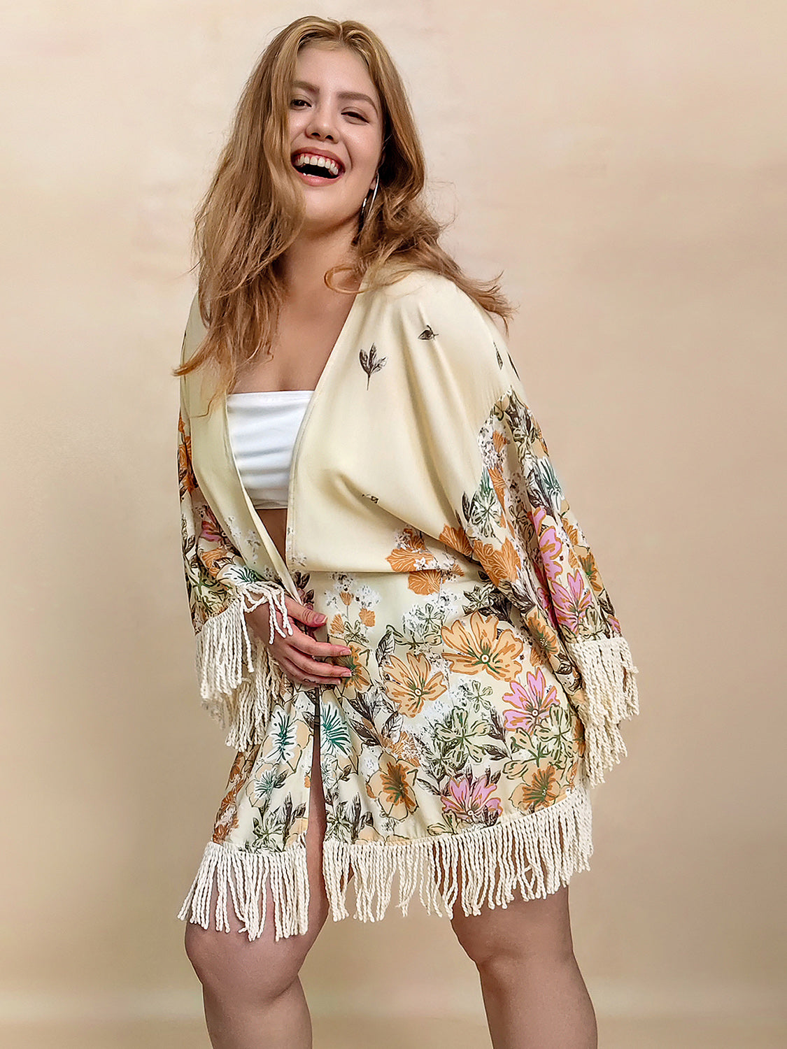 Plus Size Fringe Printed Open Front Cardigan