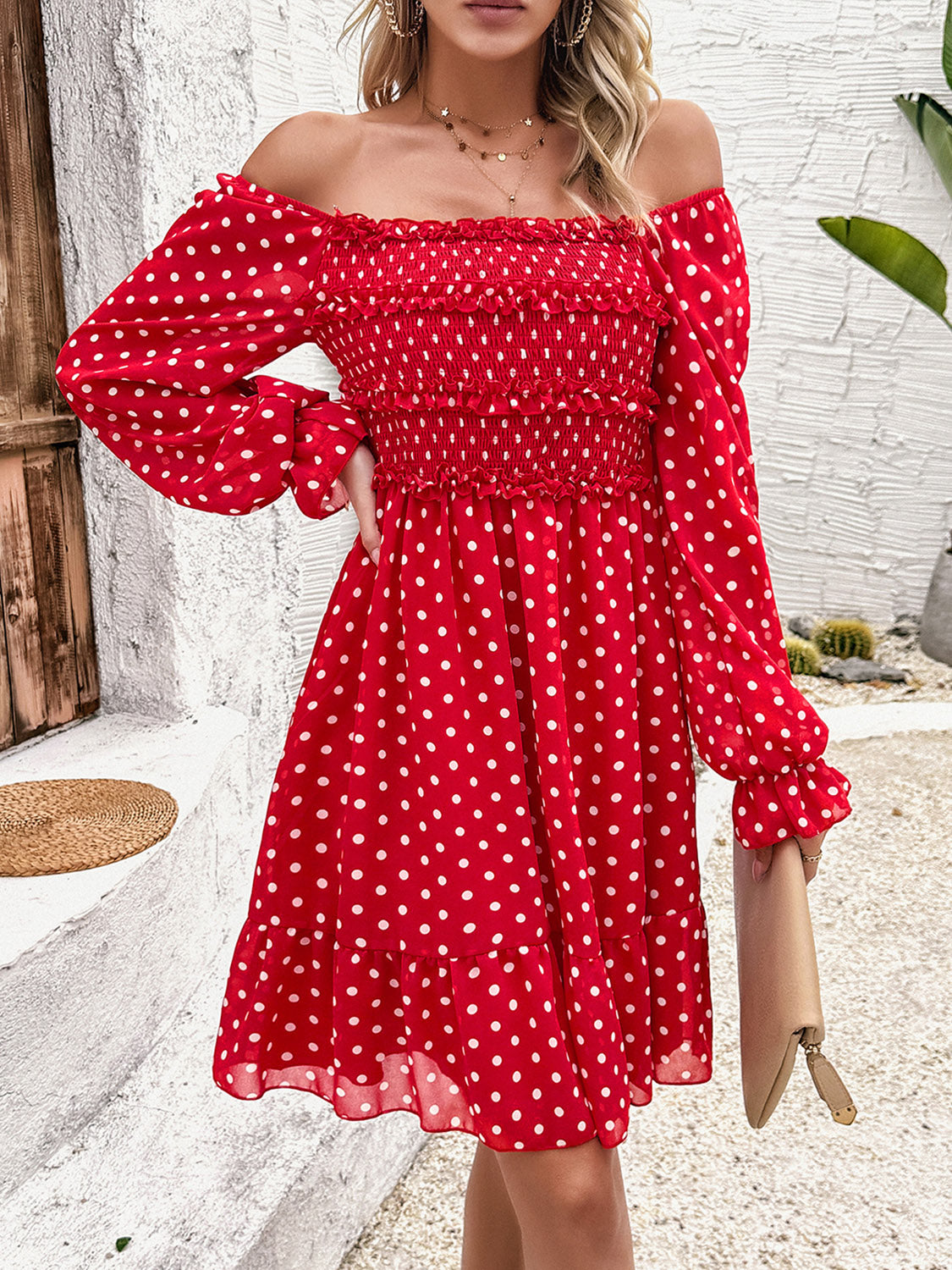 Devine Smocked Polka Dot Long Sleeve Dress