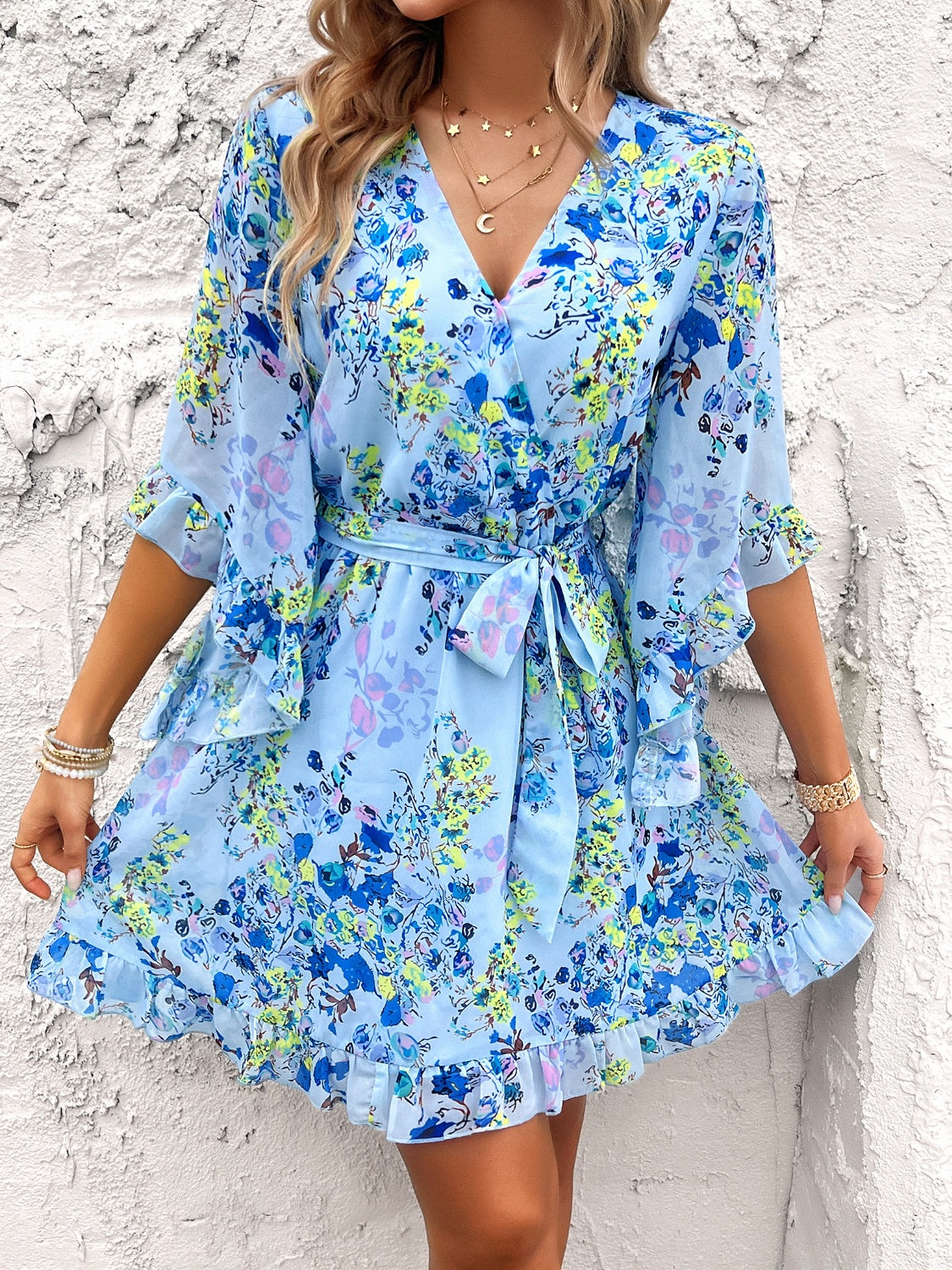 Devine Ruffled Printed Surplice Half Sleeve Mini Dress