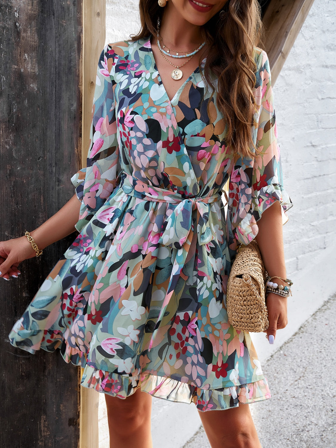 Devine Ruffled Printed Surplice Half Sleeve Mini Dress