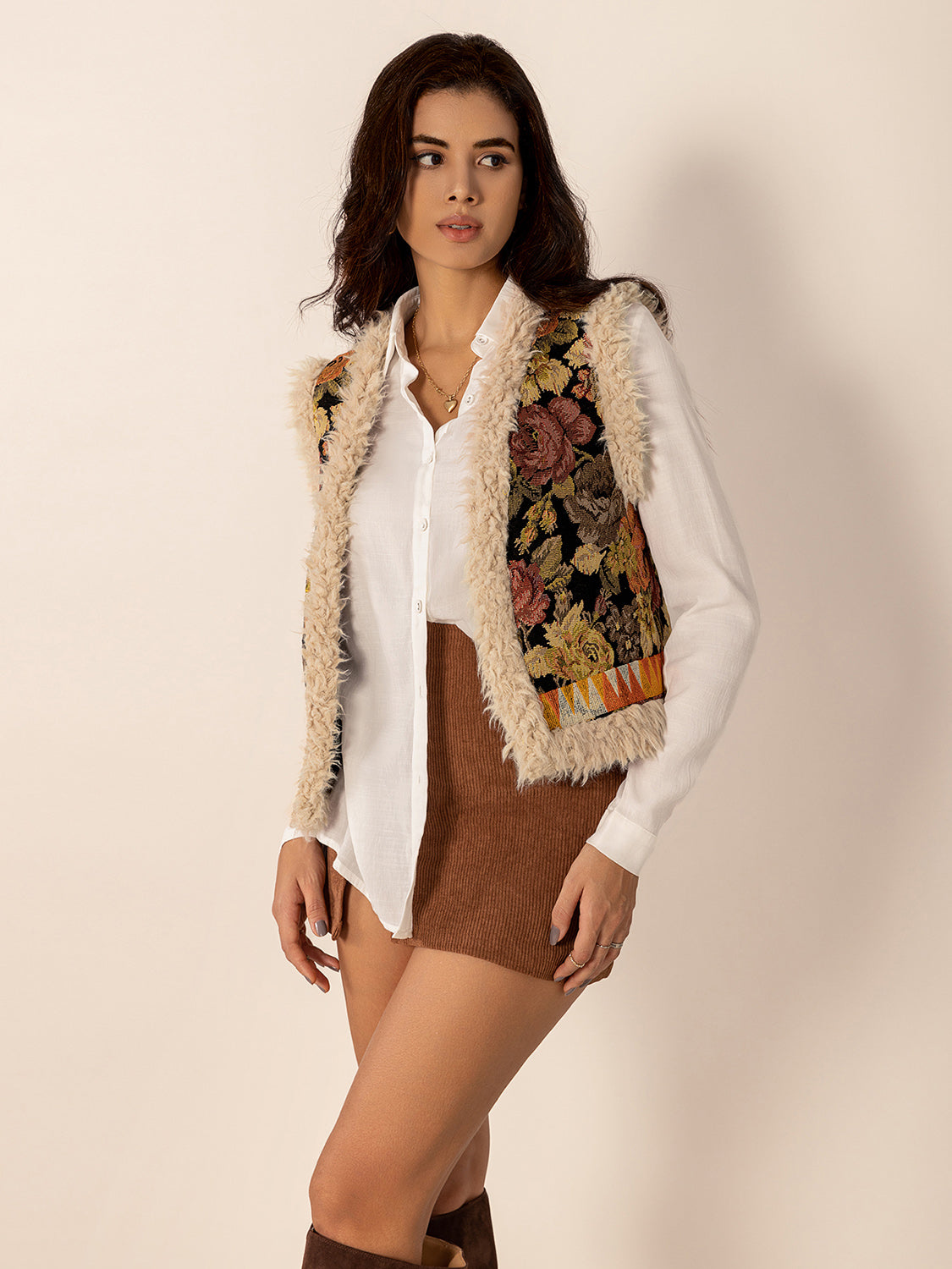 Embroidered Fuzzy Trim Open Front Vest Coat