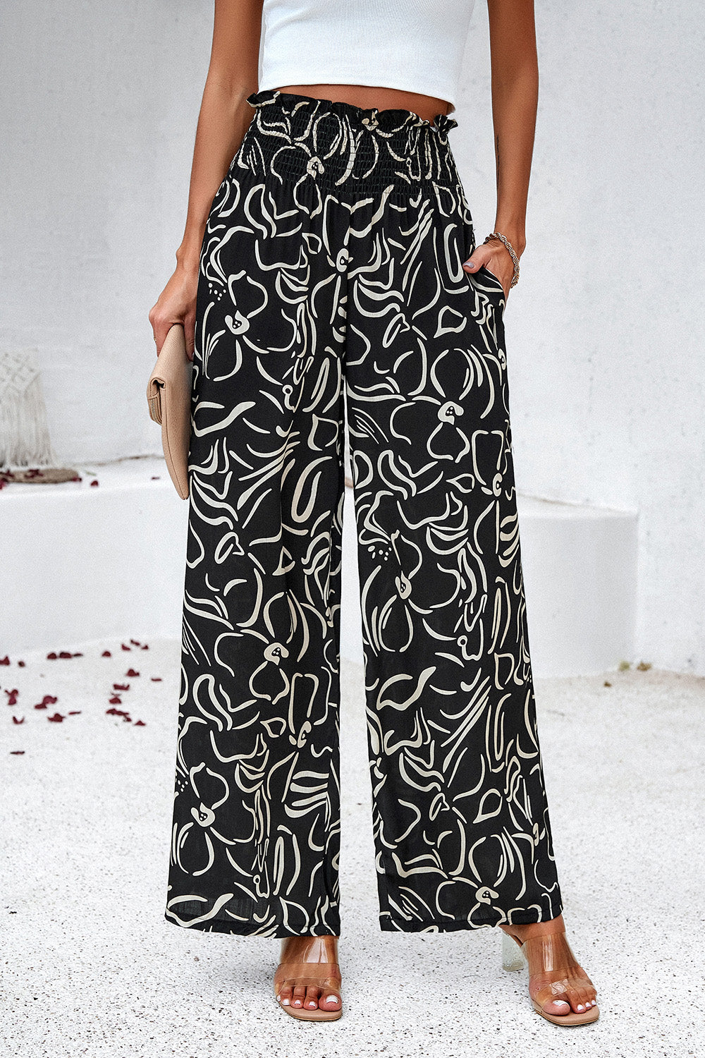 Devine Smocked Printed Wide Leg Pants with Pockets