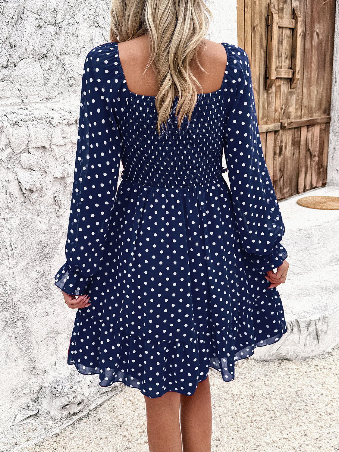 Devine Smocked Polka Dot Long Sleeve Dress