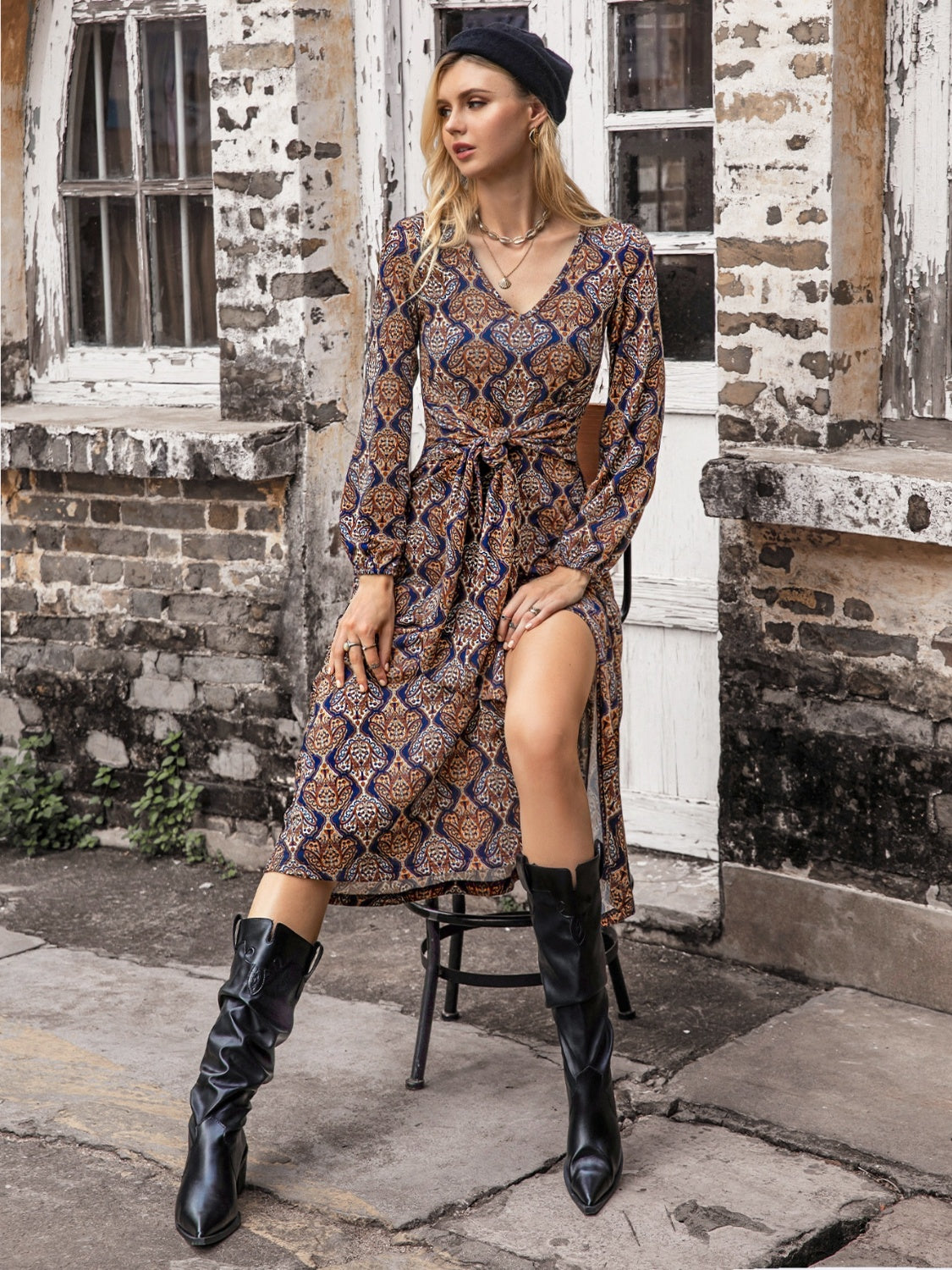 Printed Tie Front V-Neck Slit Dress