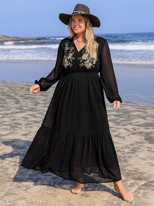 Plus Size Embroidered Tie Neck Long Sleeve Dress