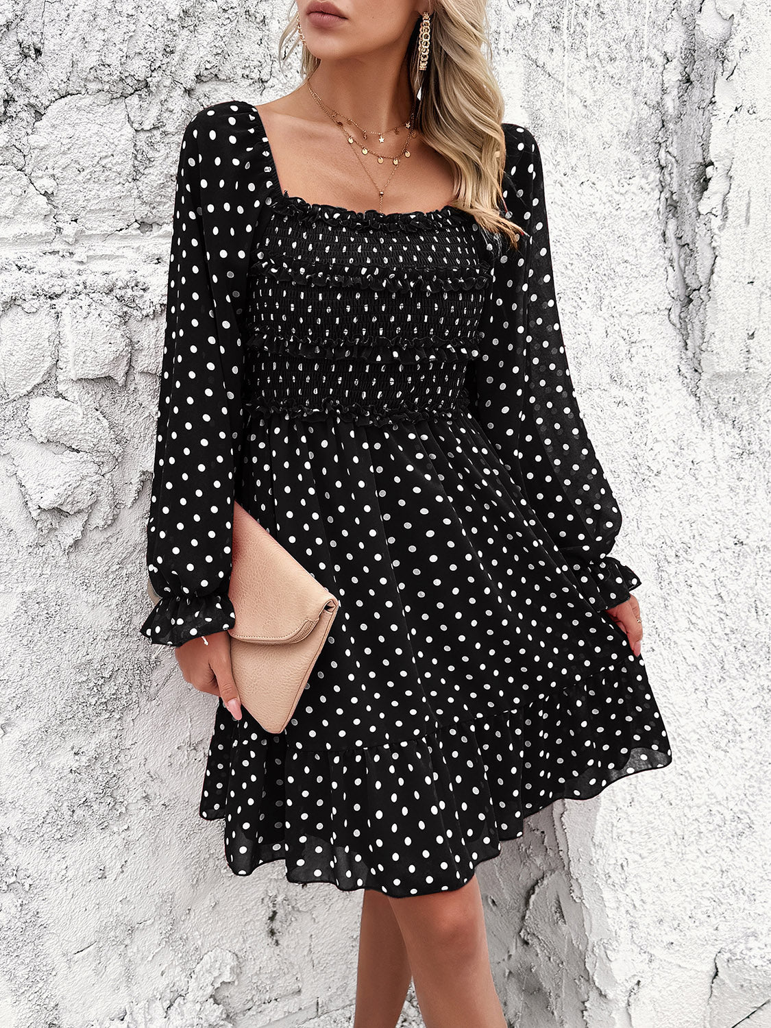 Devine Smocked Polka Dot Long Sleeve Dress