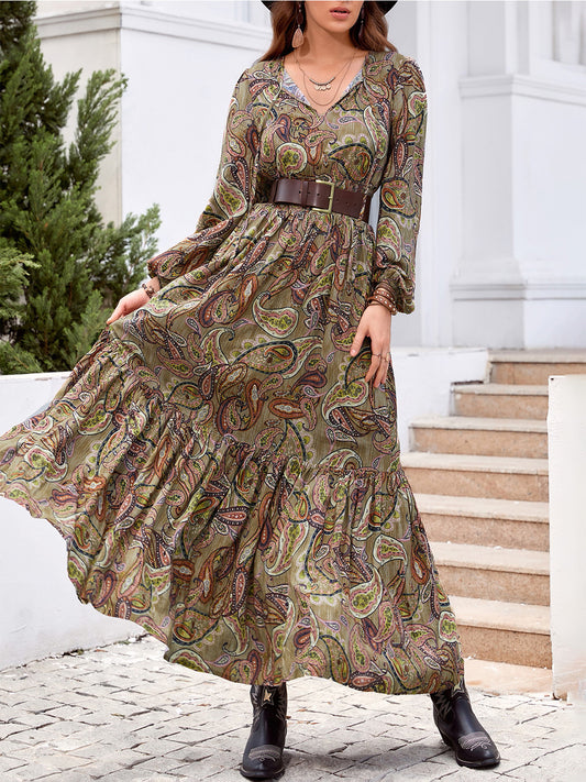 Printed Tie Neck Ruffle Hem Long Sleeve Dress