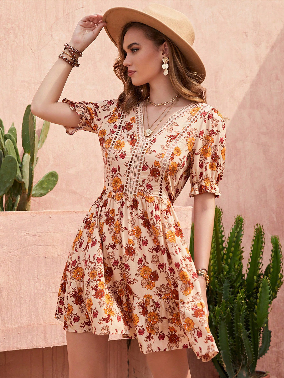 Floral V-Neck Flounce Sleeve Ruffle Hem Dress