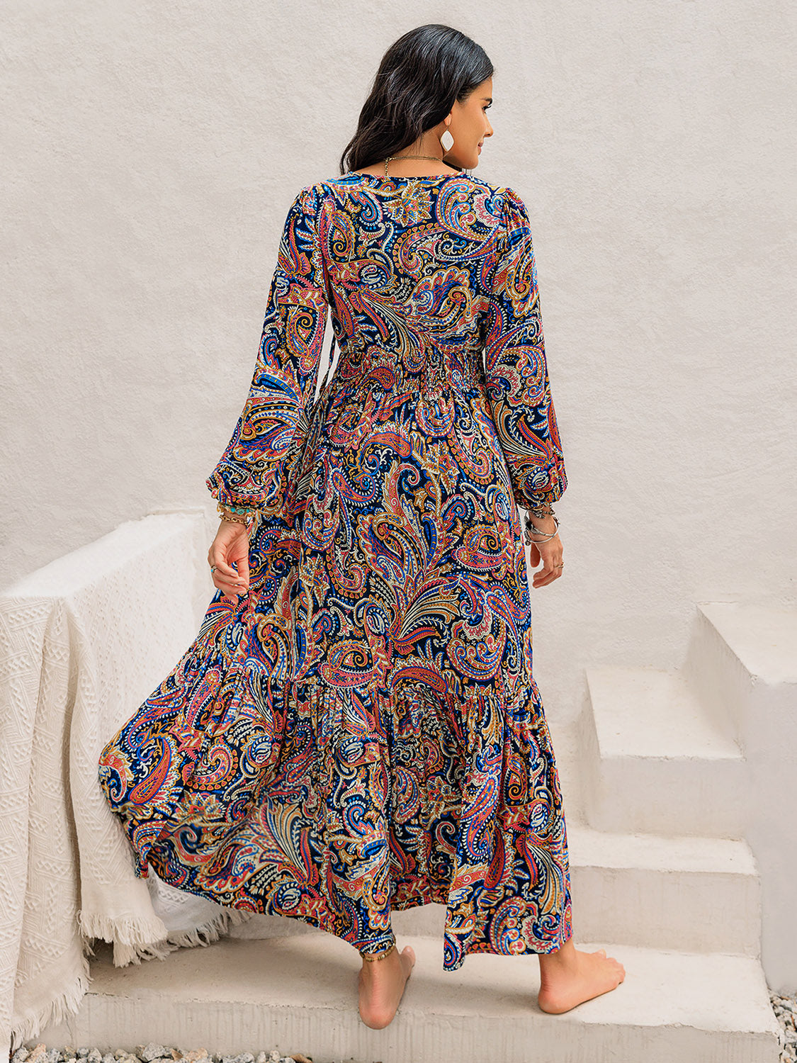 Printed Tie Neck Long Sleeve Midi Dress